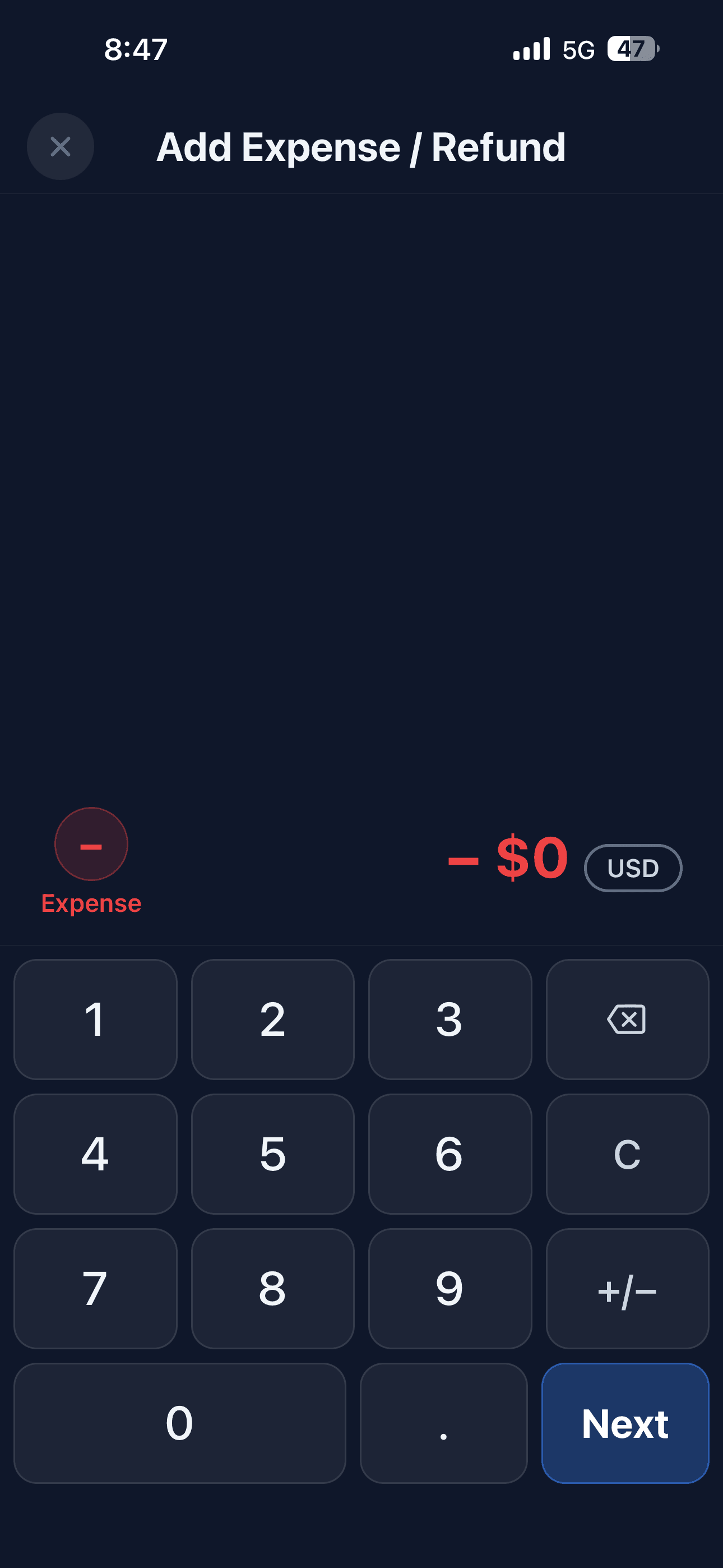 Close-up of calculator-style expense keypad
