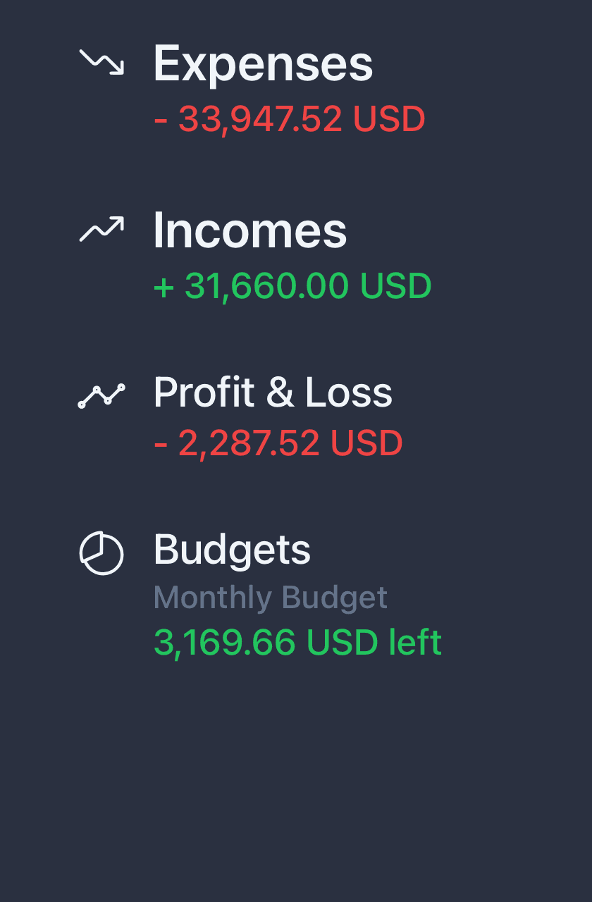 Account summary showing expenses, incomes, profit & loss, and budgets